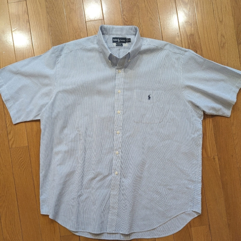 Ralph Lauren blue/white stripe short sleeve seersucker shirt